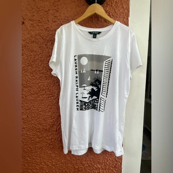 Lauren Ralph Lauren Beach Cotton Blend Shirt White Sequined Logo Size Medium - Picture 1 of 7